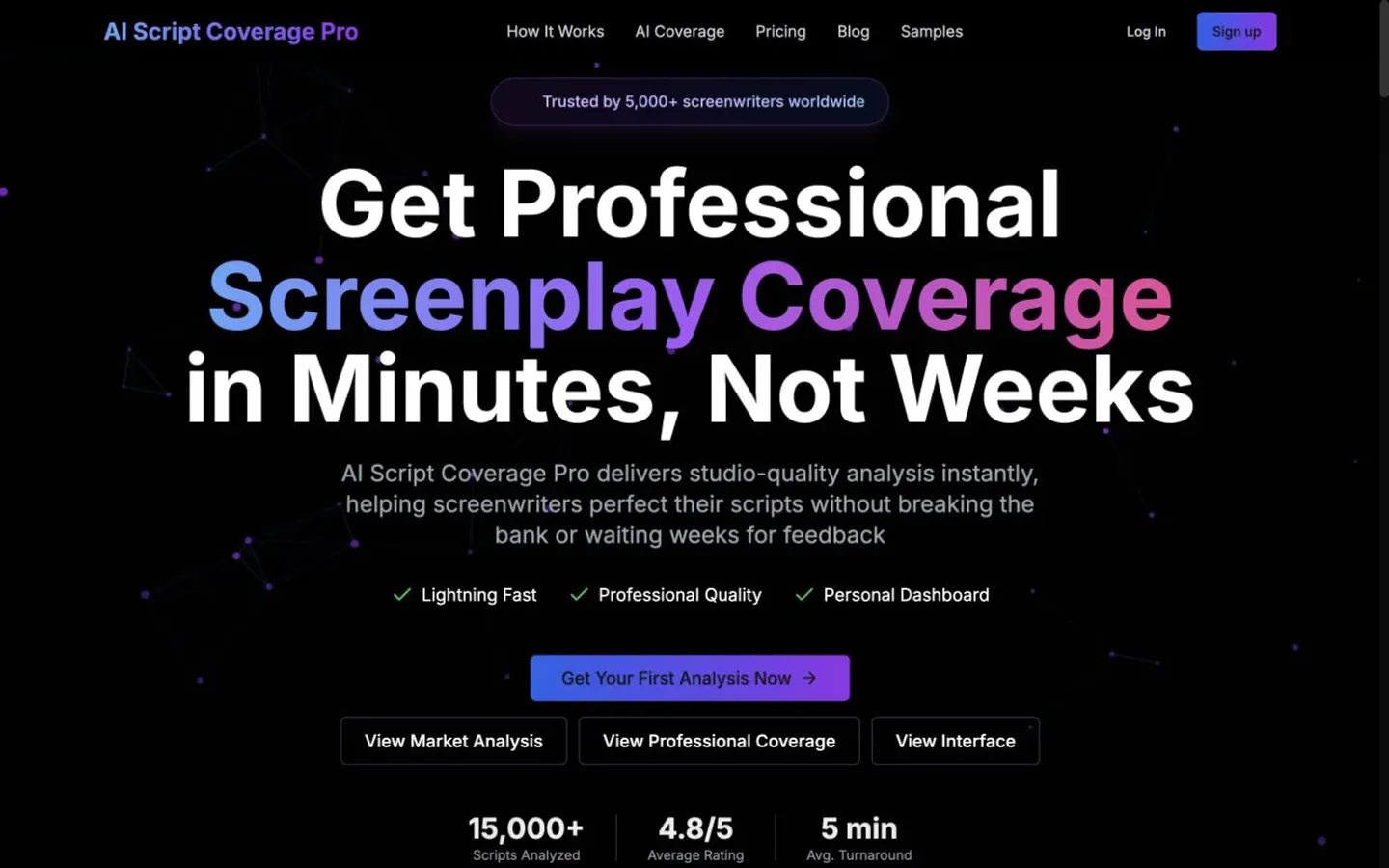 AI Script Coverage Pro public homepage presenting screenplay analysis and coverage product options