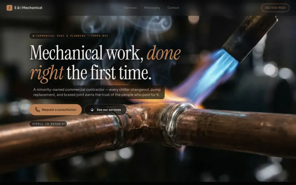 E and I Mechanical website homepage presenting commercial HVAC and plumbing services in Tampa Bay