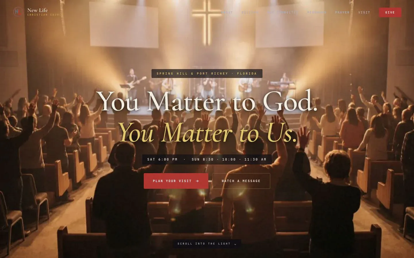 New Life Christian Church homepage with a welcoming message and multi-location service information