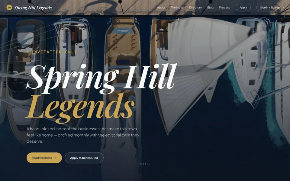 Spring Hill Legends website homepage showing its editorial local business discovery experience