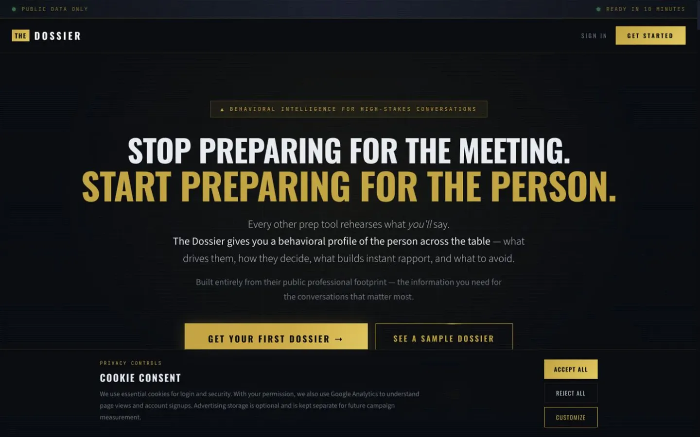 The Dossier public homepage presenting person-centered preparation for high-stakes conversations