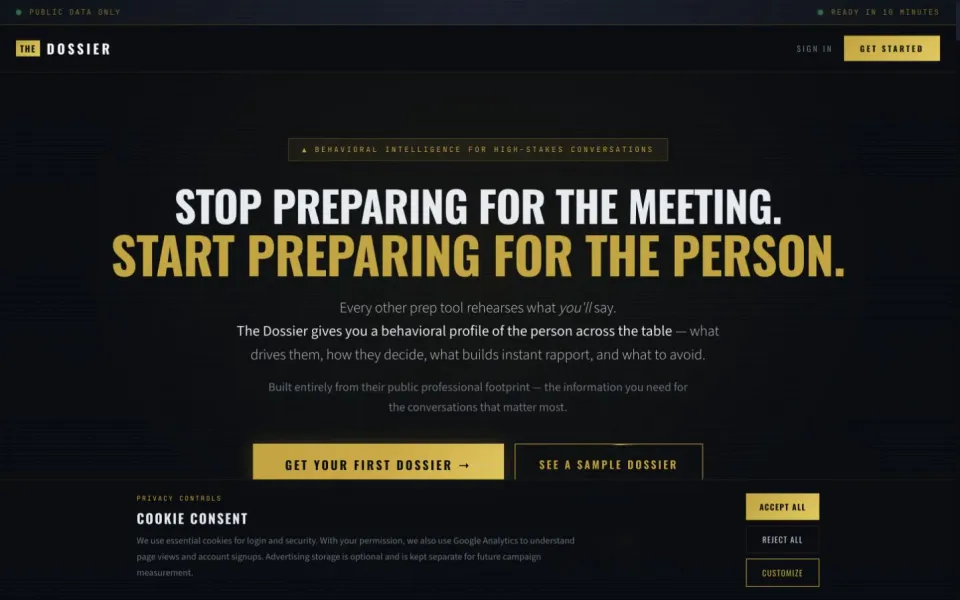 The Dossier public homepage presenting person-centered preparation for high-stakes conversations