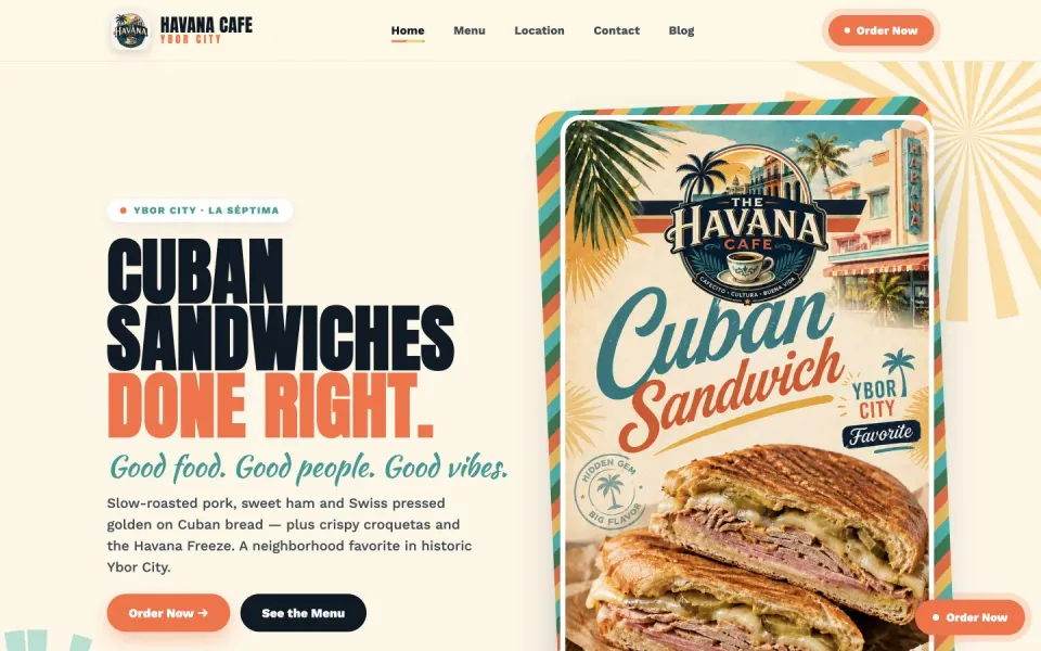 The Havana Cafe website homepage featuring Cuban sandwiches and bold Ybor City restaurant branding