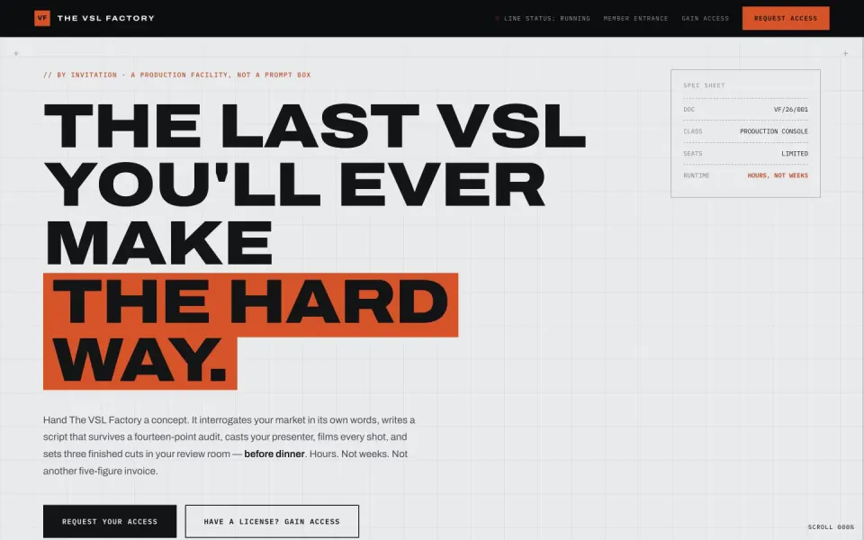 The VSL Factory public product homepage presenting its video sales letter production workflow