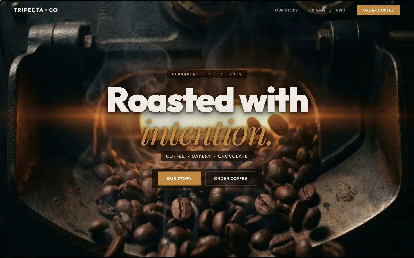 Trifecta Coffee Company homepage presenting its Albuquerque coffee bar, roastery, and bakery