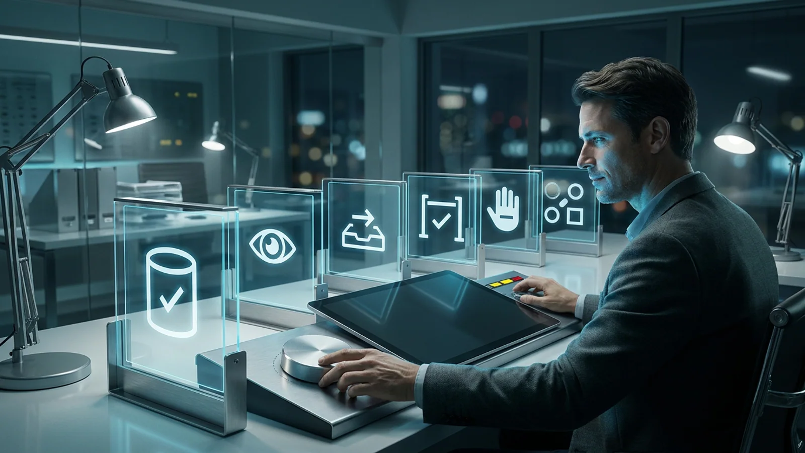 AI-generated editorial image of a business owner controlling an AI agent through clear access and approval boundaries