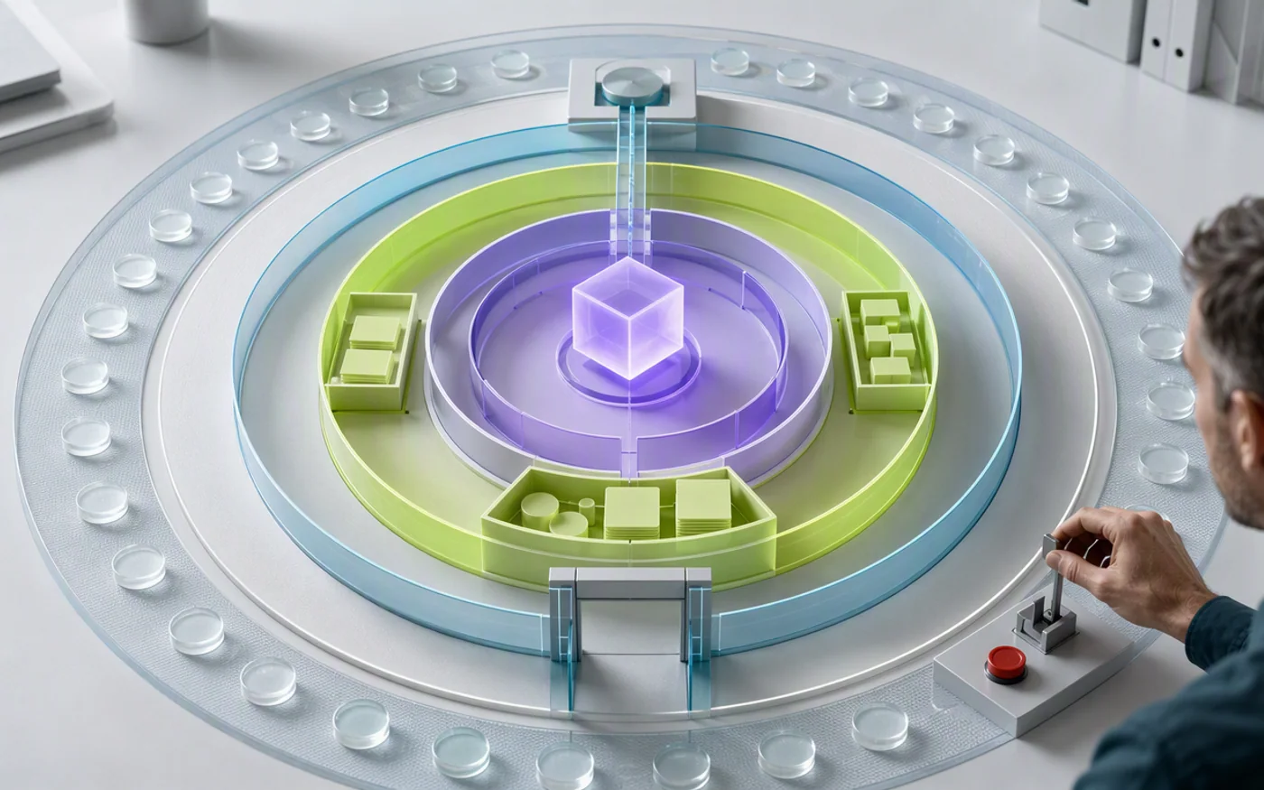 AI-generated editorial illustration of six visible control boundaries surrounding an AI agent's path from business data to approved action