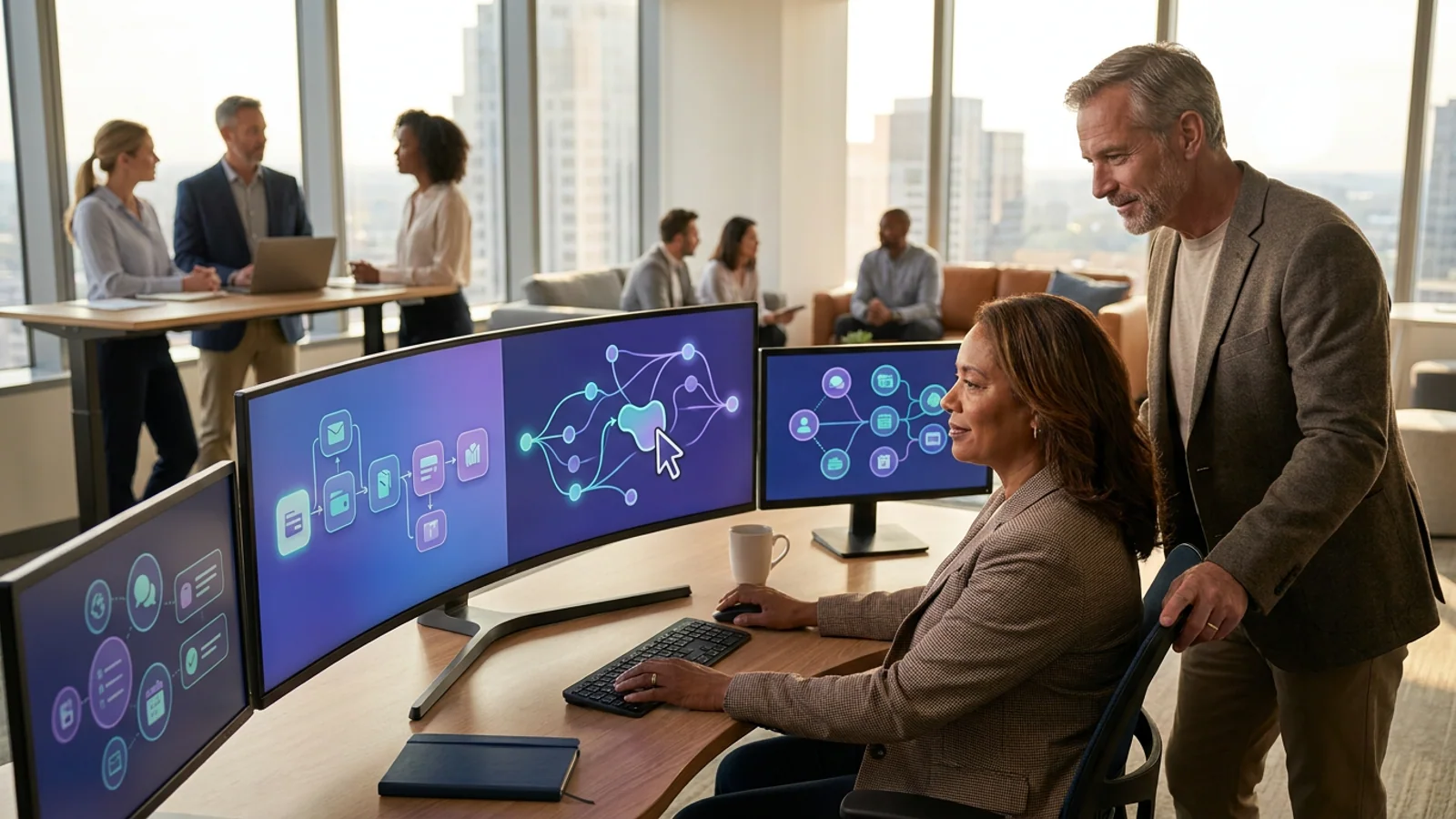 AI-generated editorial image of an operations leader choosing between workflow automation and an AI agent with an advisor