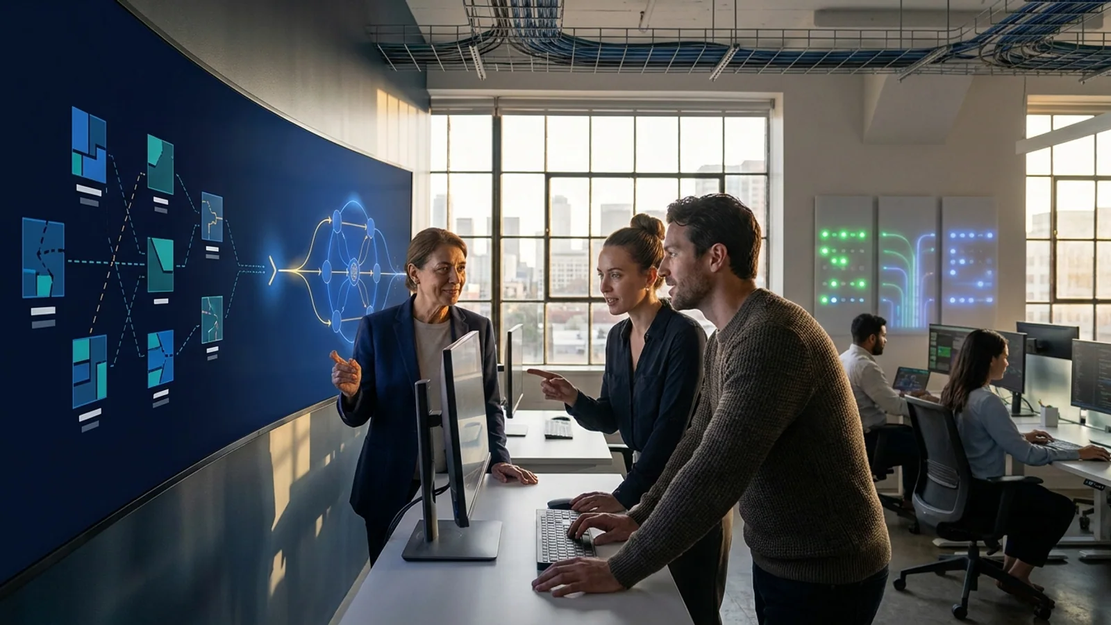 AI-generated editorial image of business leaders and an advisor connecting software systems into one operating layer