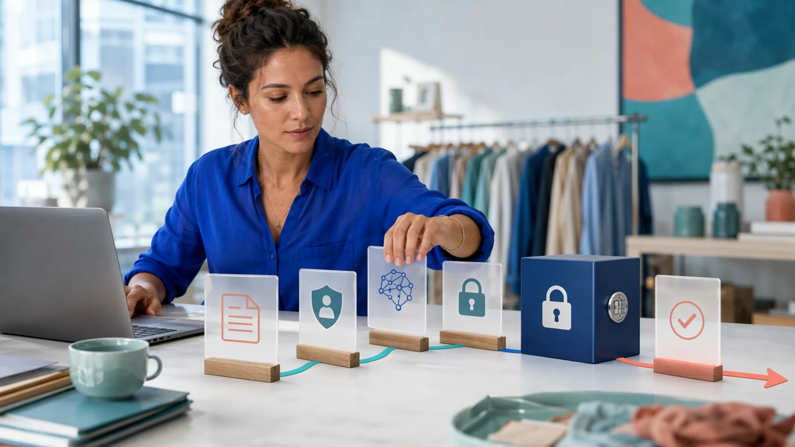 A business owner tracing a glowing data route through an AI vendor privacy review