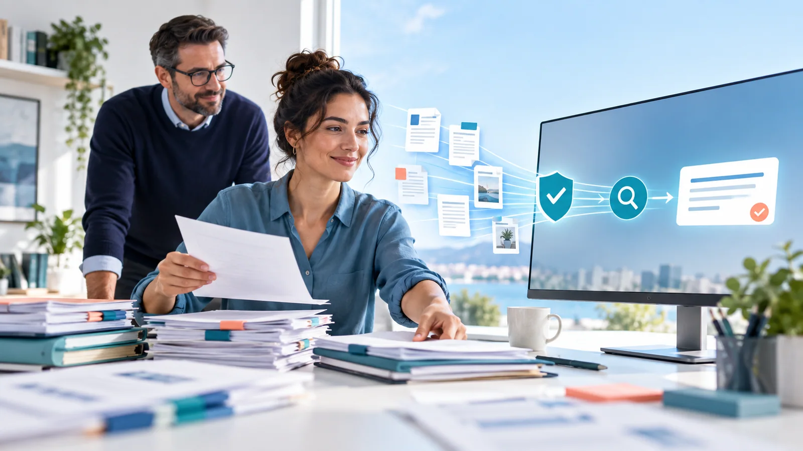 AI-generated editorial image of a business owner organizing trusted company knowledge into a clear AI answer system