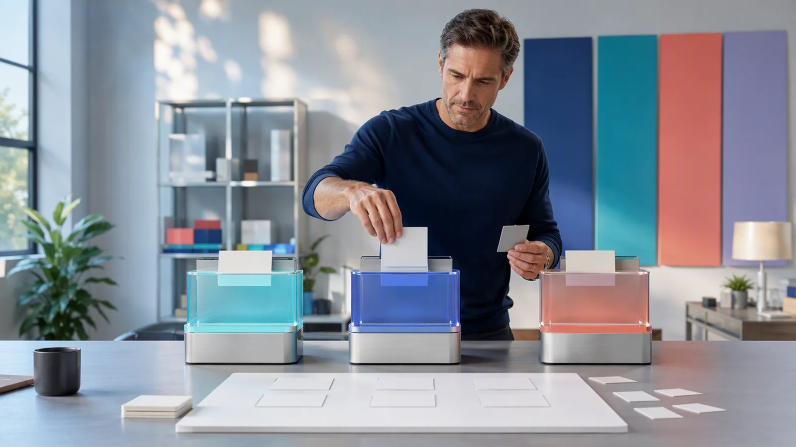 AI-generated editorial image of a business owner comparing several AI models against one clearly defined business task