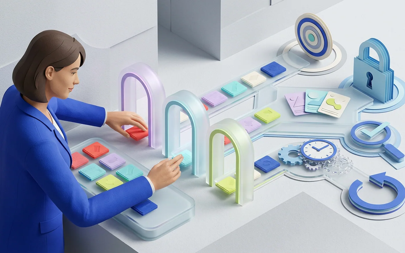 AI-generated editorial illustration showing one business owner running identical work samples through several model candidates and comparing the evidence