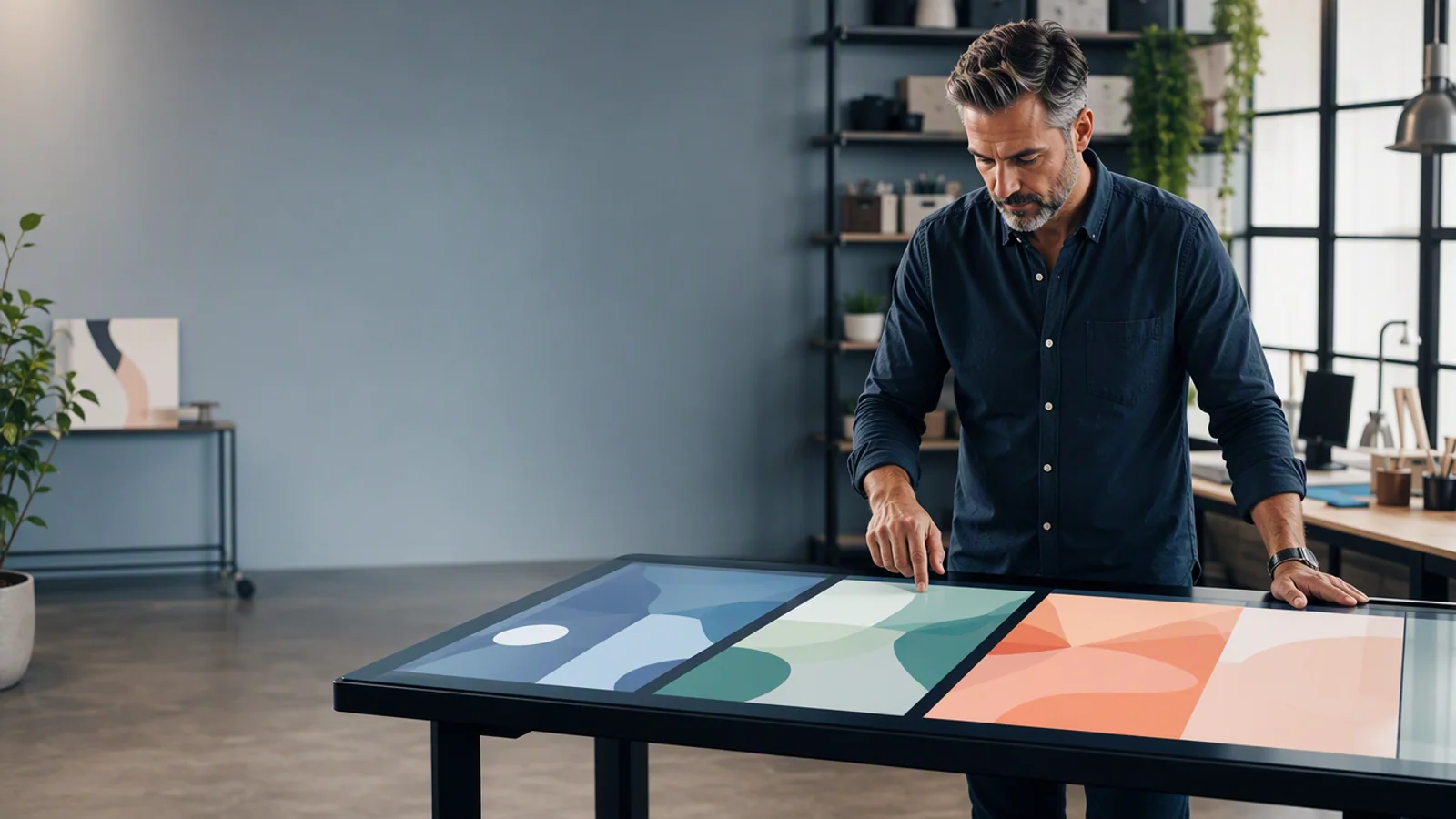 AI-generated editorial image of a business owner examining evidence from several AI vendors before making a purchase decision