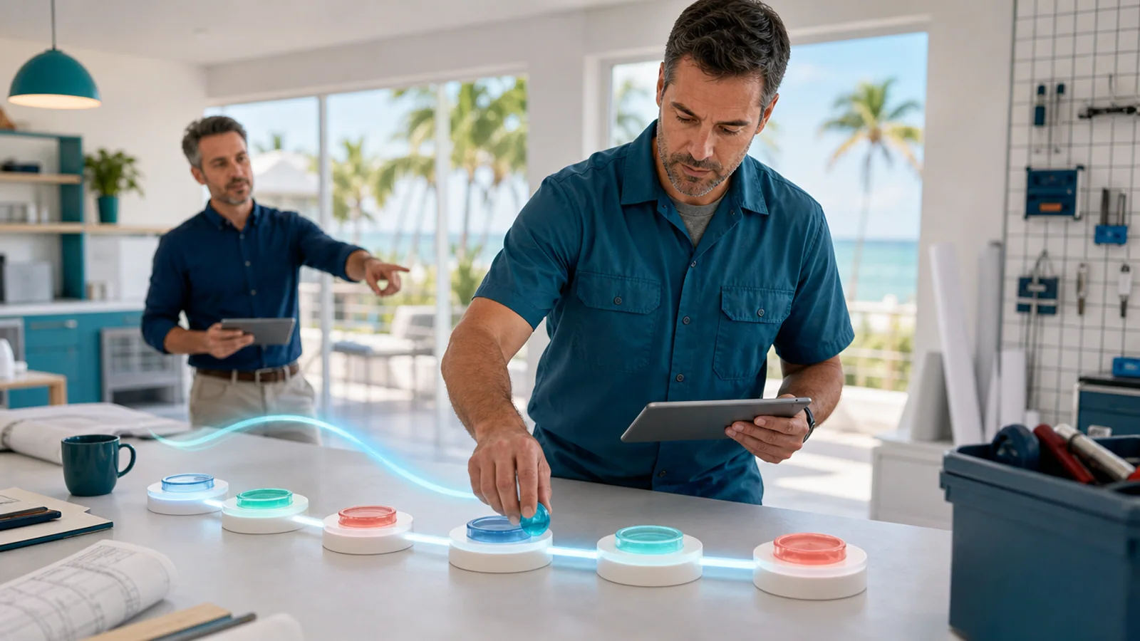 Local service business owner using a clear digital customer journey while an advisor supports the setup