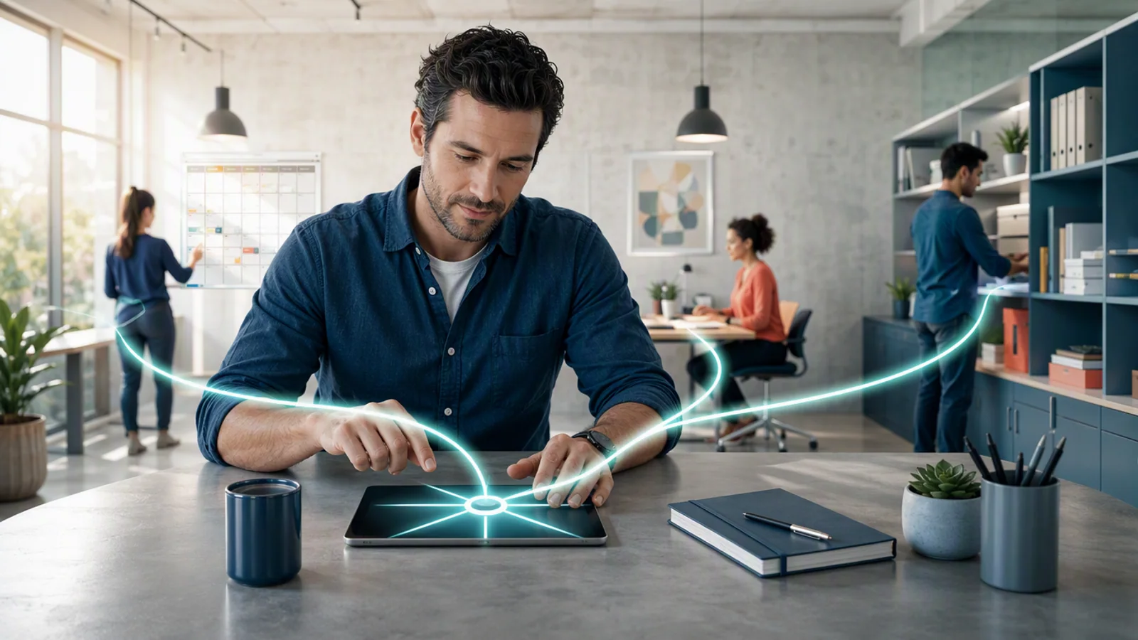 AI-generated editorial image of a business owner connecting one controlled technology hub to several business tools