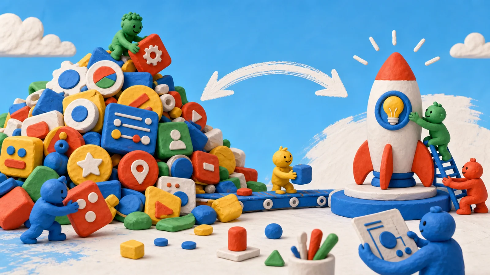A playful design workshop shaping many colorful feature blocks into one focused launch vehicle