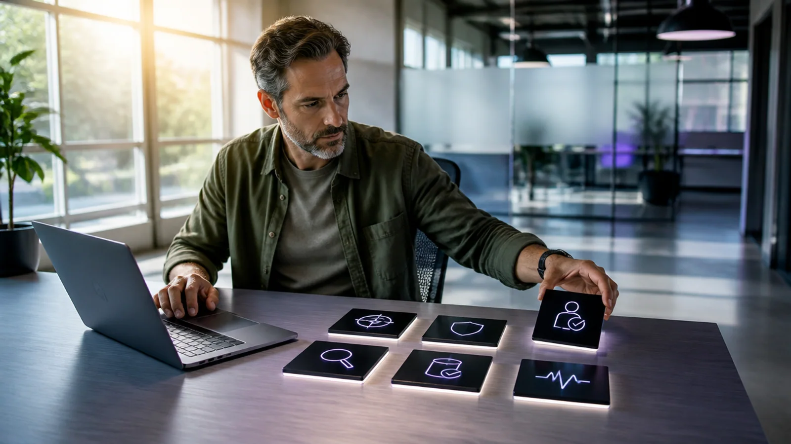AI-generated editorial image of a business owner checking six production controls before launching an AI application