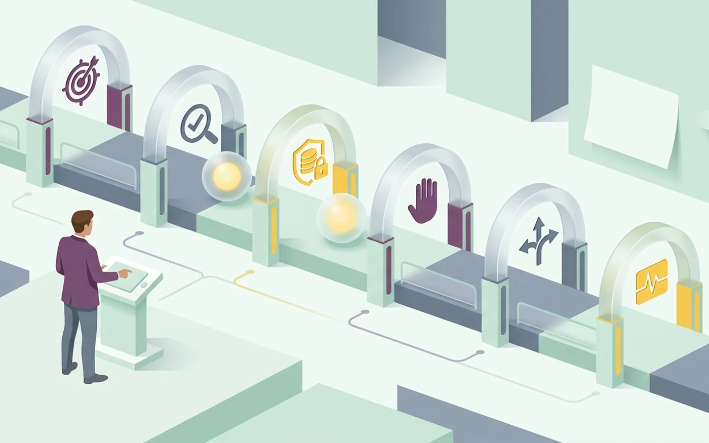 AI-generated editorial illustration showing six practical production gates around a business owner preparing an AI application for launch