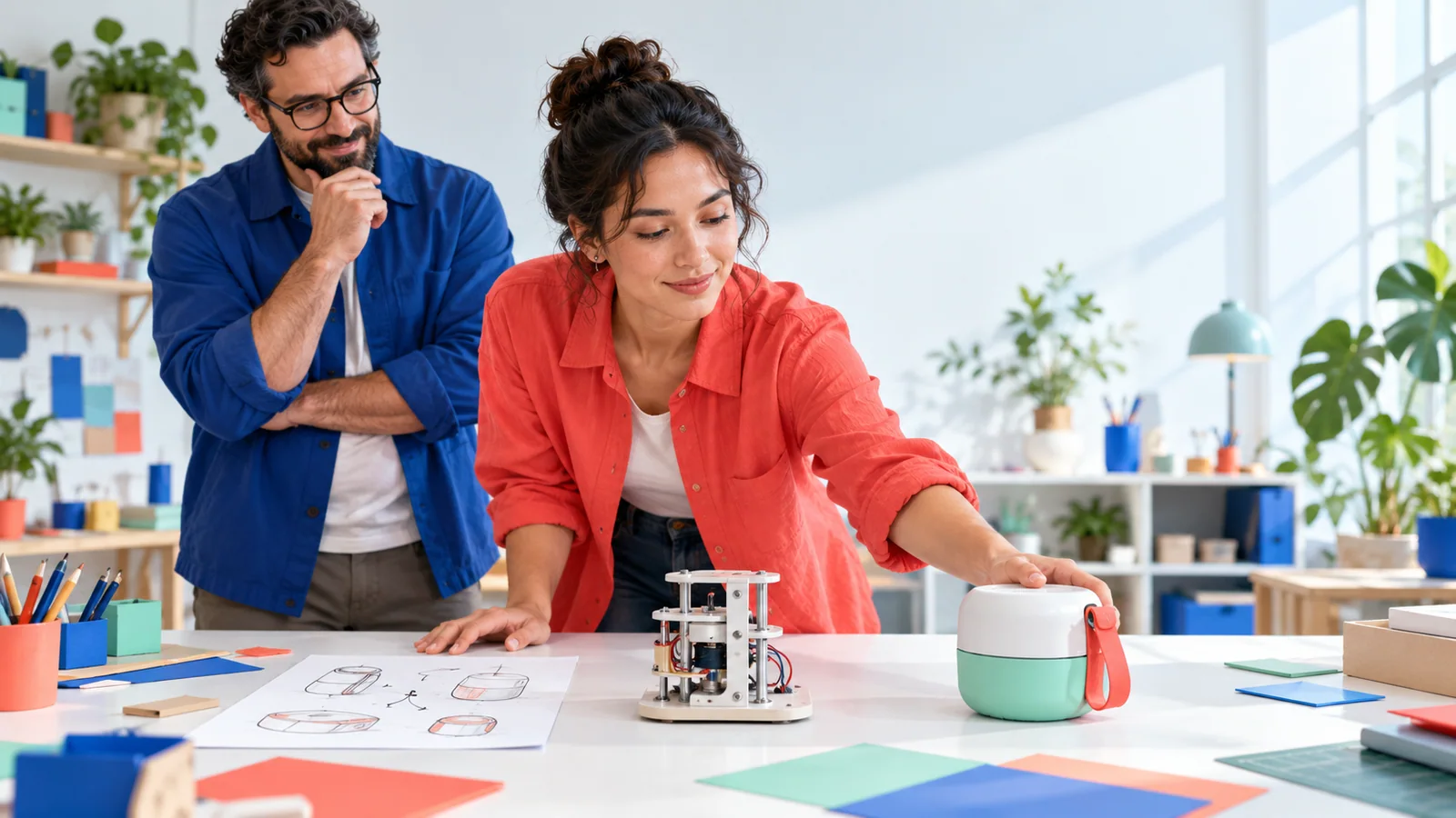 AI-generated editorial image of a business owner choosing among three distinct product-development paths