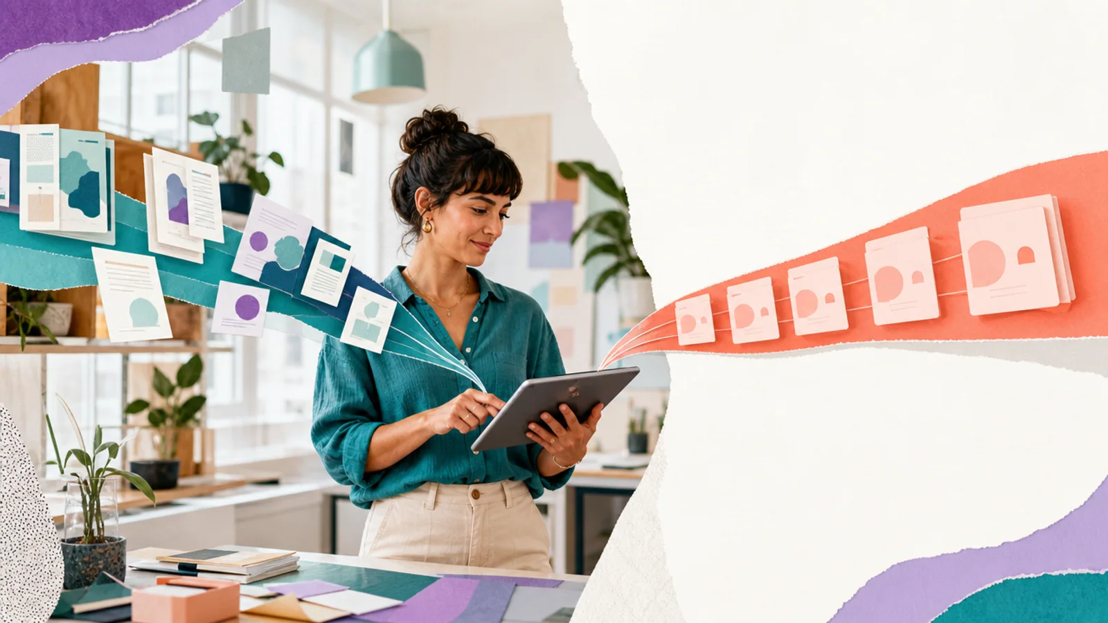 AI-generated editorial image of a business owner choosing between a live knowledge source and a trained task pattern