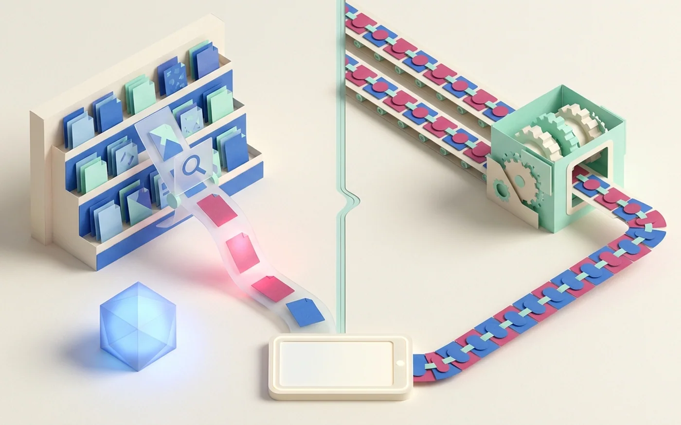 AI-generated editorial illustration showing one path bringing current source material to an answer and another shaping repeatable task behavior