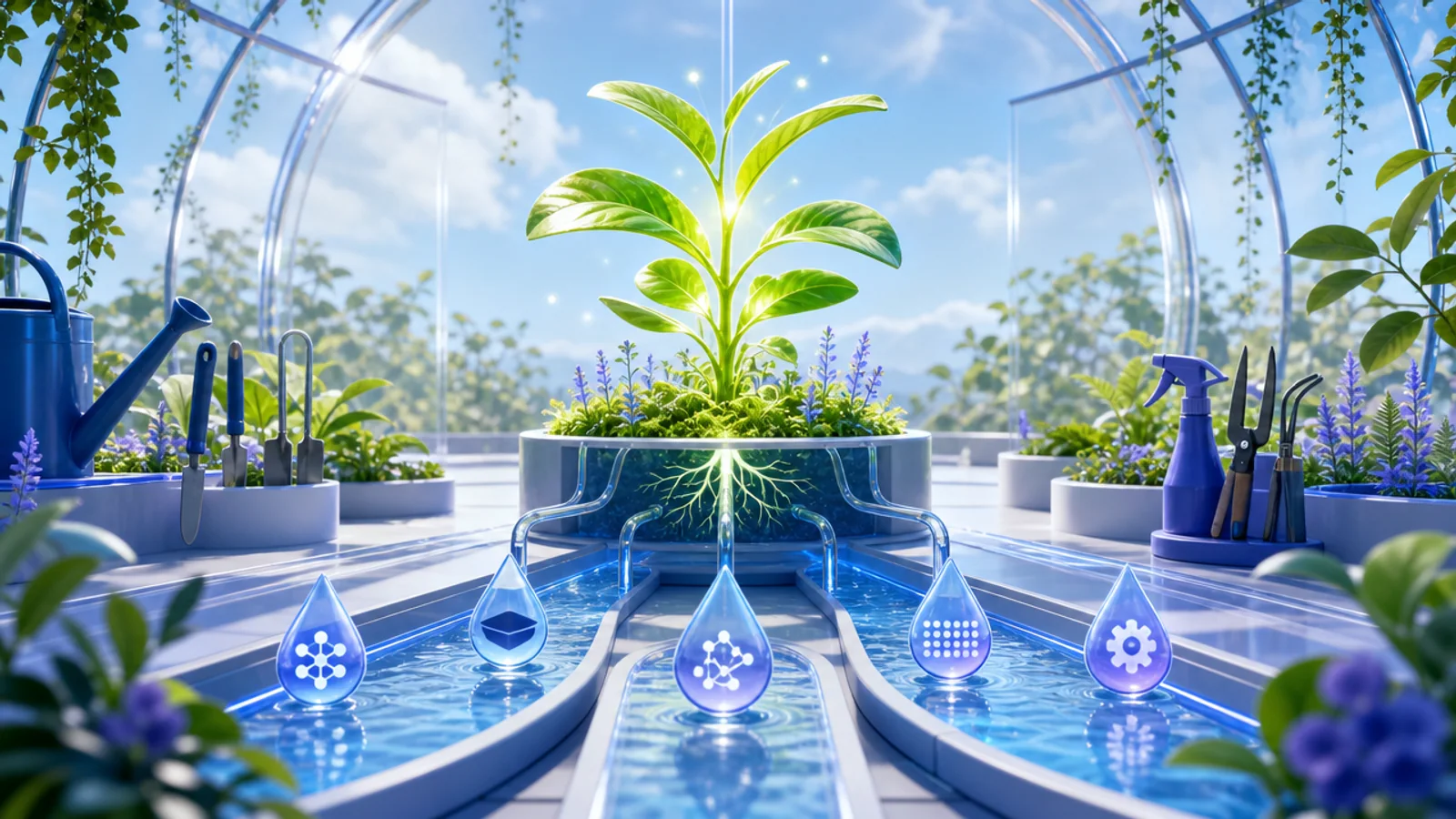 A colorful greenhouse where five distinct systems help one promising AI idea grow