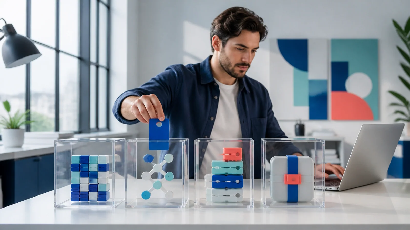 AI-generated editorial image of a business owner securing four parts of a custom software project before development begins