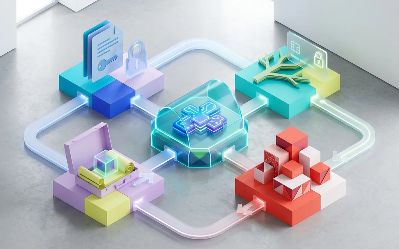 AI-generated editorial illustration of a business owner turning four distinct keys for rights, custody, components, and exit readiness
