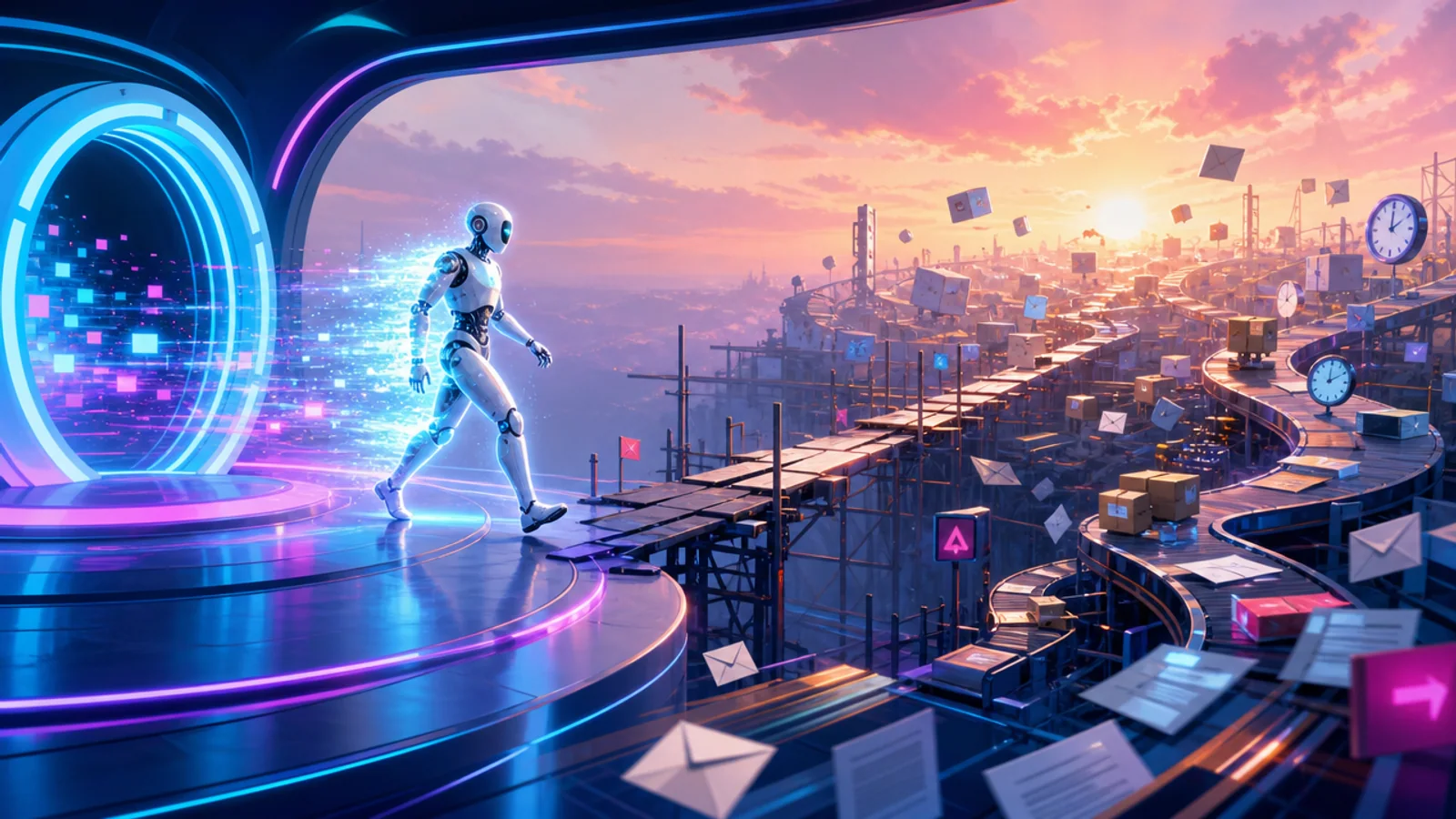 A vivid bridge carrying an AI prototype from a glowing demo stage into a busy operating floor
